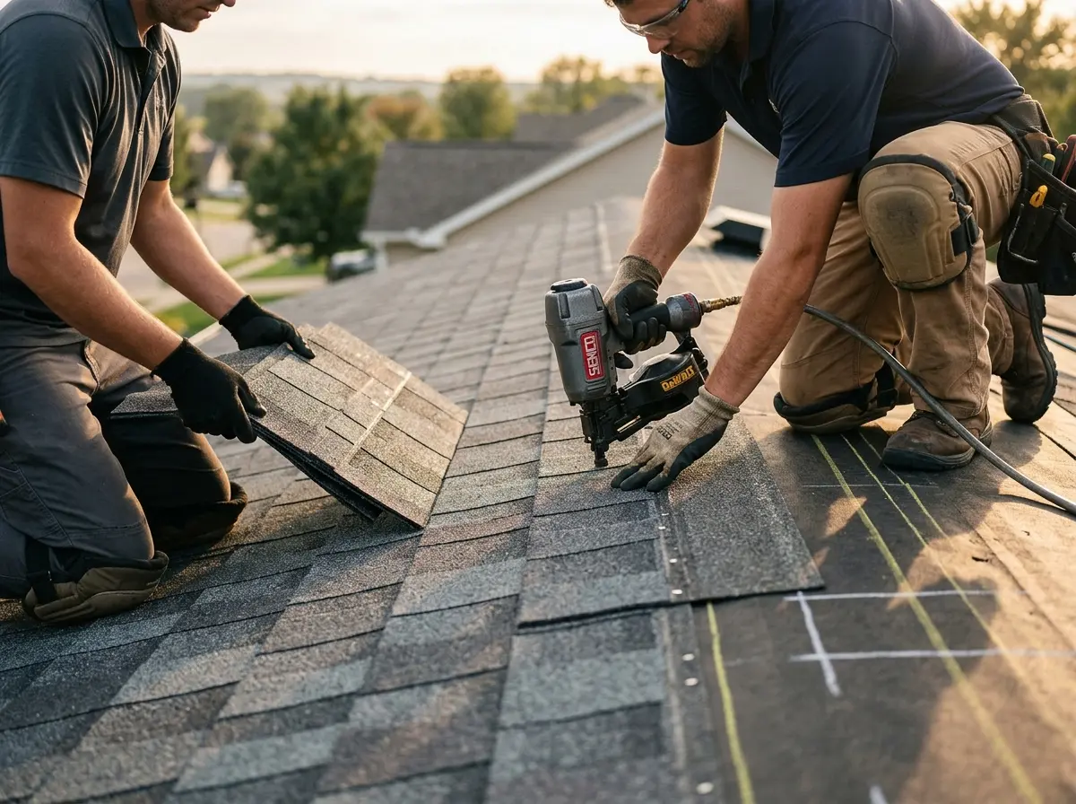 Professional roofer working on a residential roof in Rosaryville